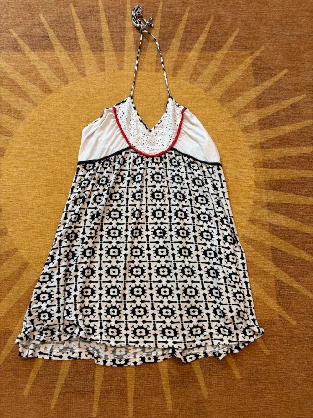 Y2K Black and White Halter Sundress with Red Trim